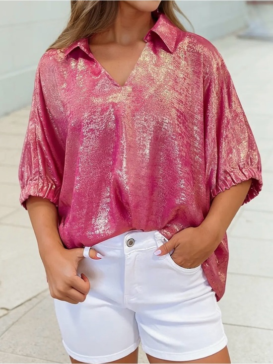 Tops - Shimmery Pink Metallic V-Neck Blouse